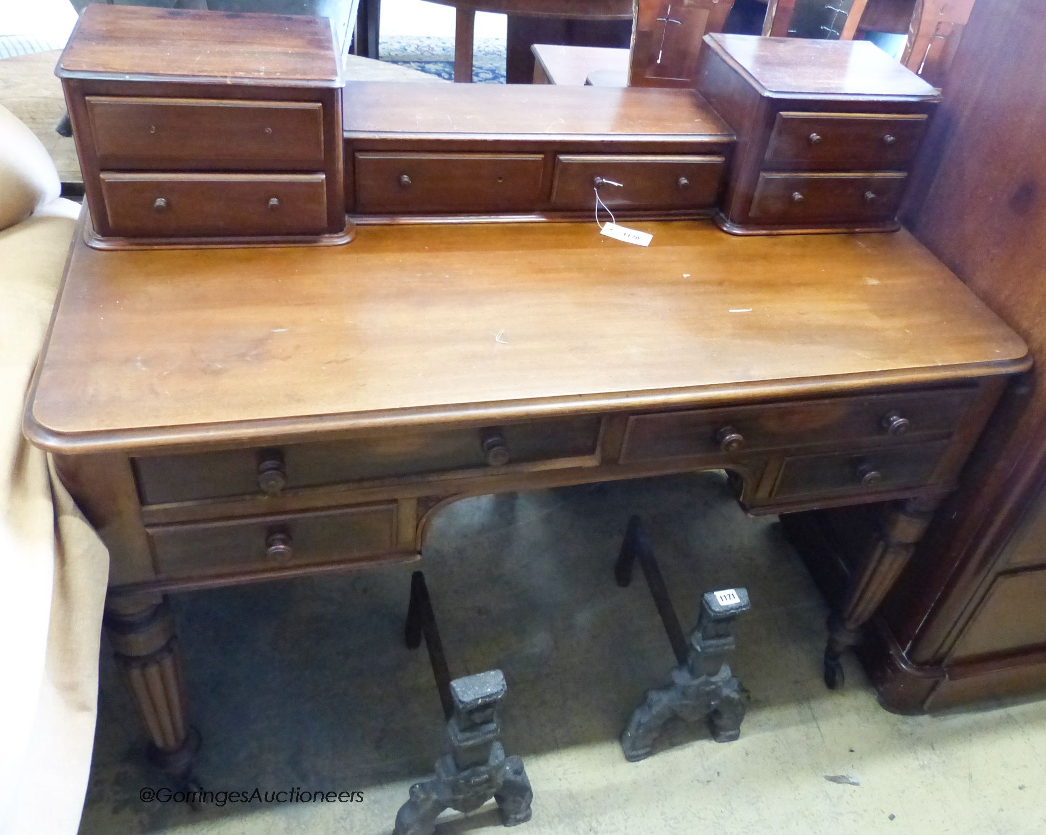 A Victorian mahogany kneehole desk. W-121, D-56, H-98cm.